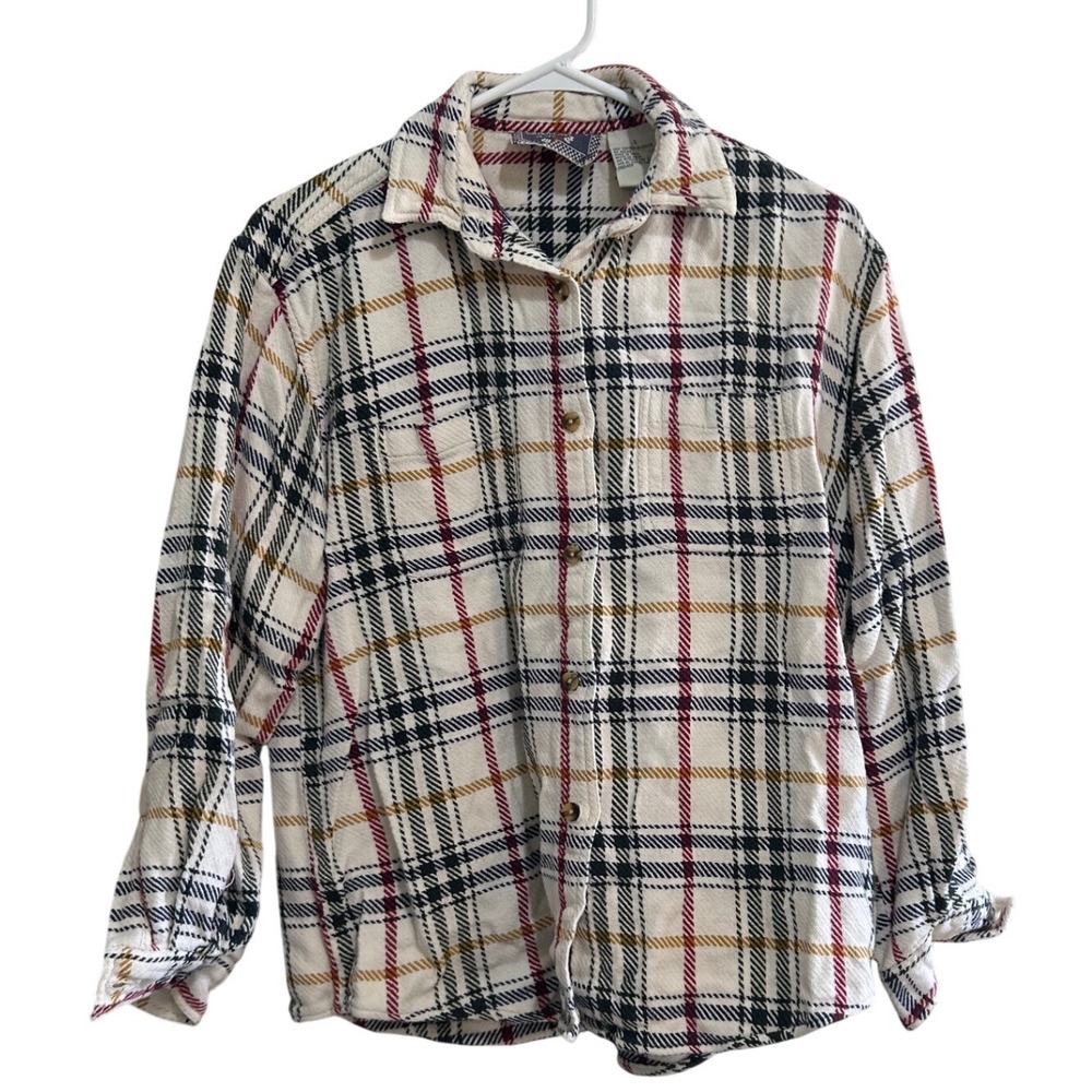 Erika Casuals Vintage 90s Plaid Button Down Shirt‎ Womens Large Cream Red Cotton
